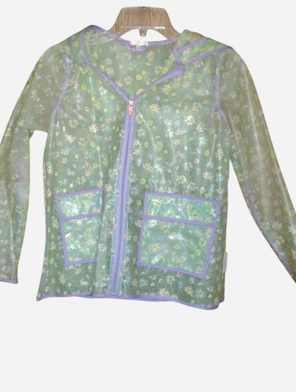 Tahari Girl Translucent Floral Raincoat Hooded Zip-Up Jacket (Size 10)